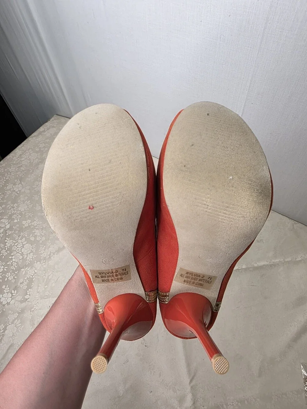 De Blossom Collection Sylvia-2 Orange Faux Suede Peep Toe Platform Heels 7.5
